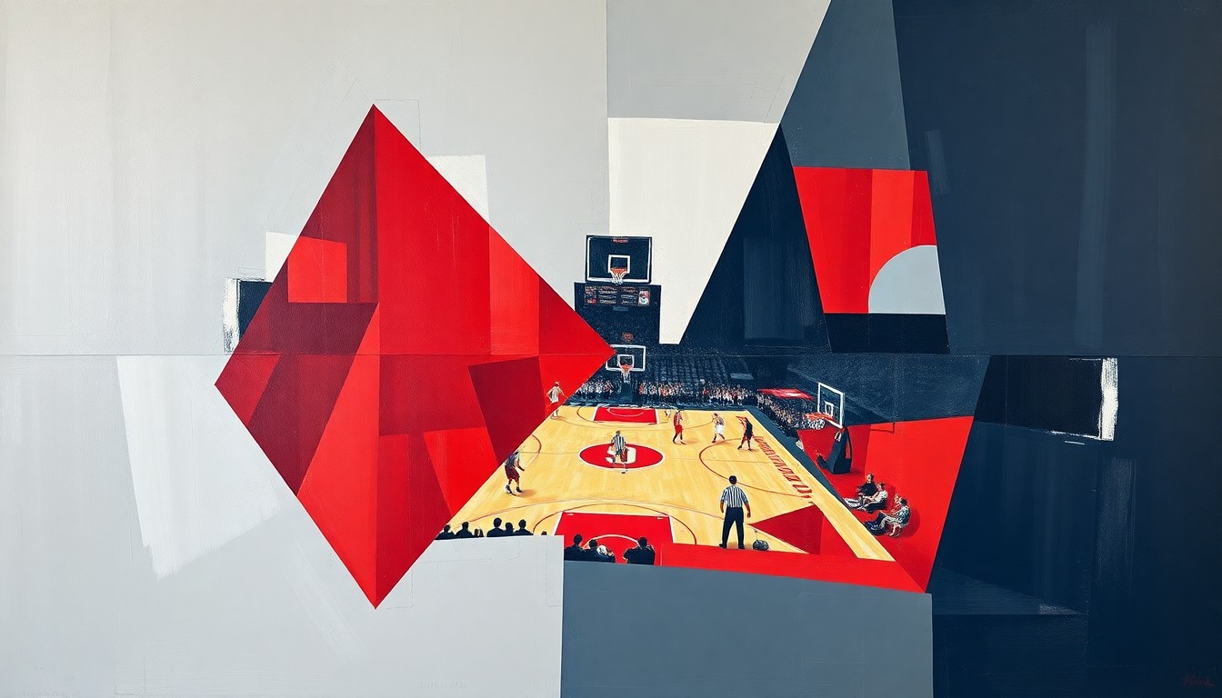 A cubist-style painting depicting a fragmented, geometric representation of a college basketball game or competition, using shades of scarlet, gray, and navy blue to symbolize Ohio State University's program.