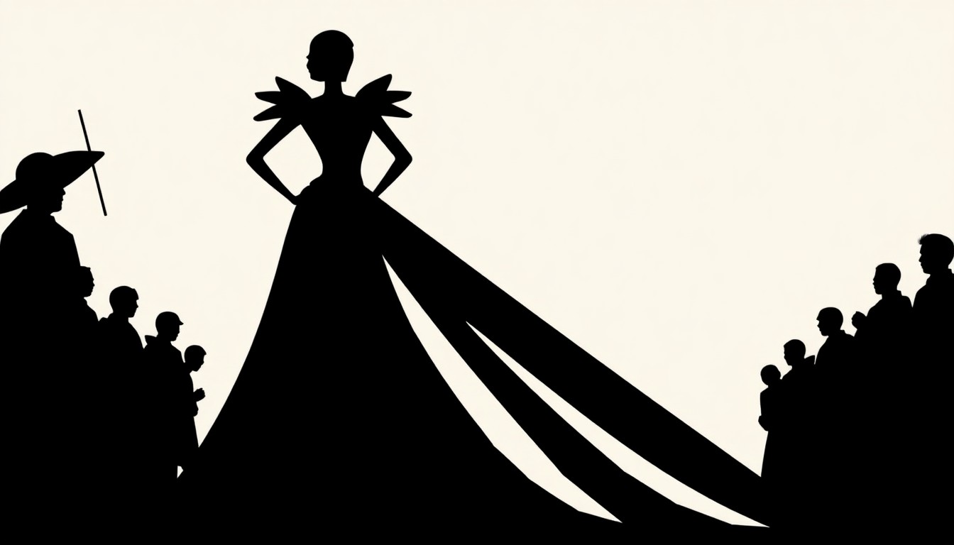 A bold, abstract composition featuring a jagged, geometric silhouette in stark black against a high-contrast background, conceptually representing the tension between costume and evening gown at the Met Gala.