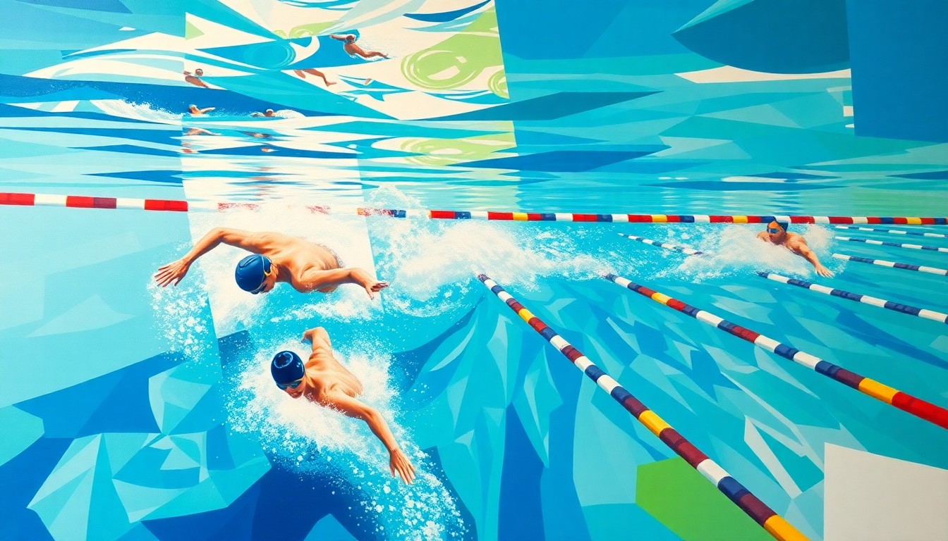 A cubist, geometric painting depicting a fragmented swimming competition, with sharp planes of vibrant blues, greens, and whites representing the pool and athletic movement.