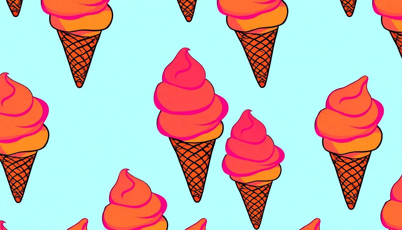 A vibrant, high-contrast silkscreen illustration featuring a repeated image of a classic ice cream cone in a grid pattern, using bold, neon-inspired colors to capture the celebratory mood of a beloved local business reopening.