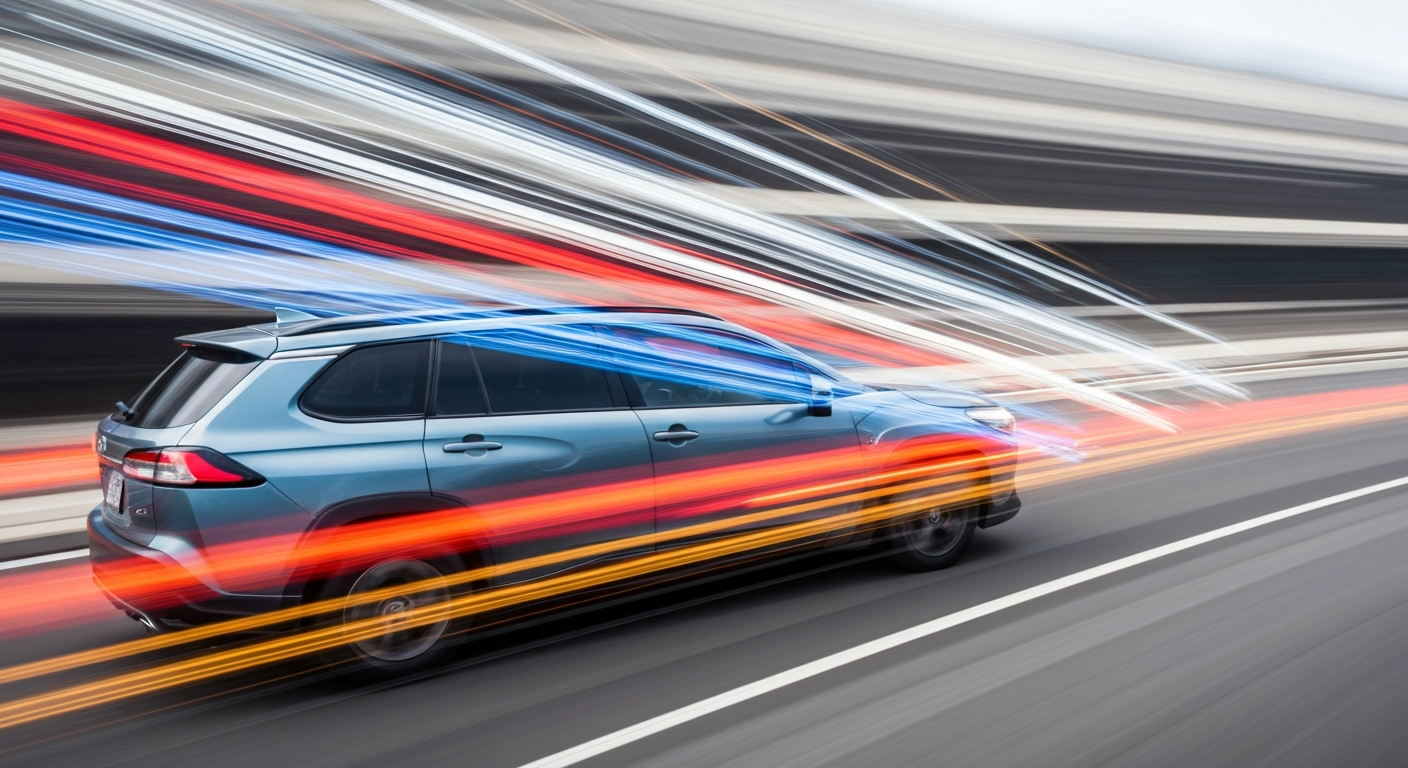 An abstract, colorful image created with sweeping, blurred brushstrokes that convey the motion and energy of a Toyota Corolla Cross HV in transit, capturing the vehicle's hybrid efficiency and practical capabilities.