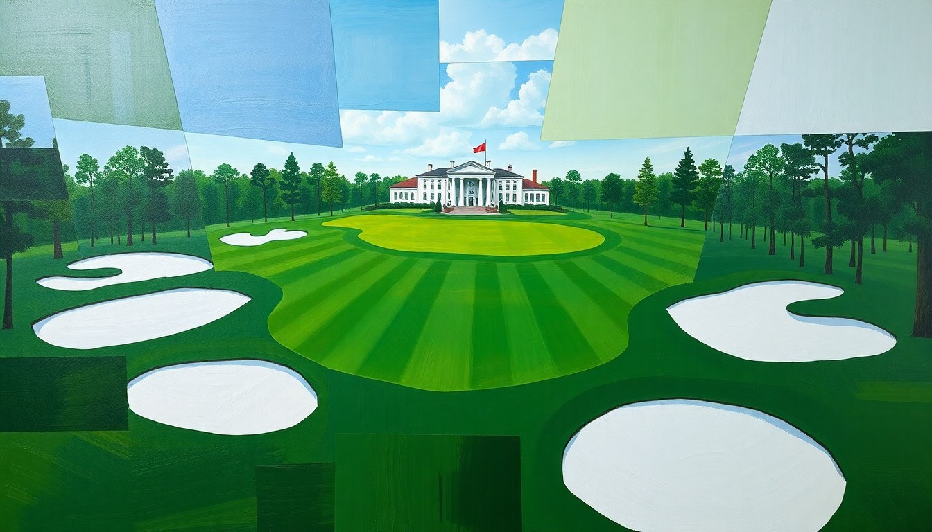 A cubist, geometric painting depicting the Masters Tournament, with sharp, overlapping planes of green fairways, white bunkers, and the iconic Augusta National clubhouse, conceptually representing the clash between a legendary golfer and the prestigious club that hosts the iconic event.
