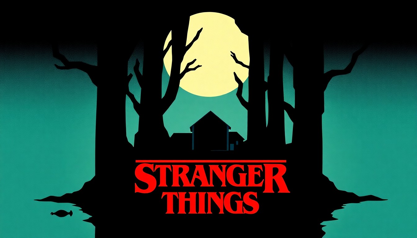 An abstract, minimalist illustration featuring bold, jagged geometric shapes and heavy black silhouettes, conceptually representing the Stranger Things universe and its connection to the Montauk setting.