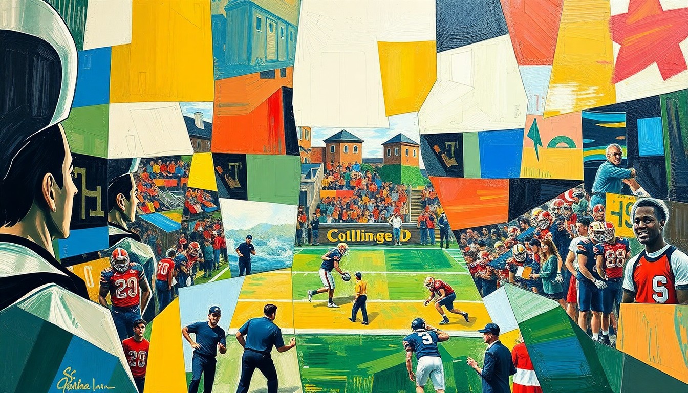 A fragmented, geometric painting depicting the complex recruitment process for a highly sought-after college football player, with various program logos and colors represented in an abstract, cubist style.