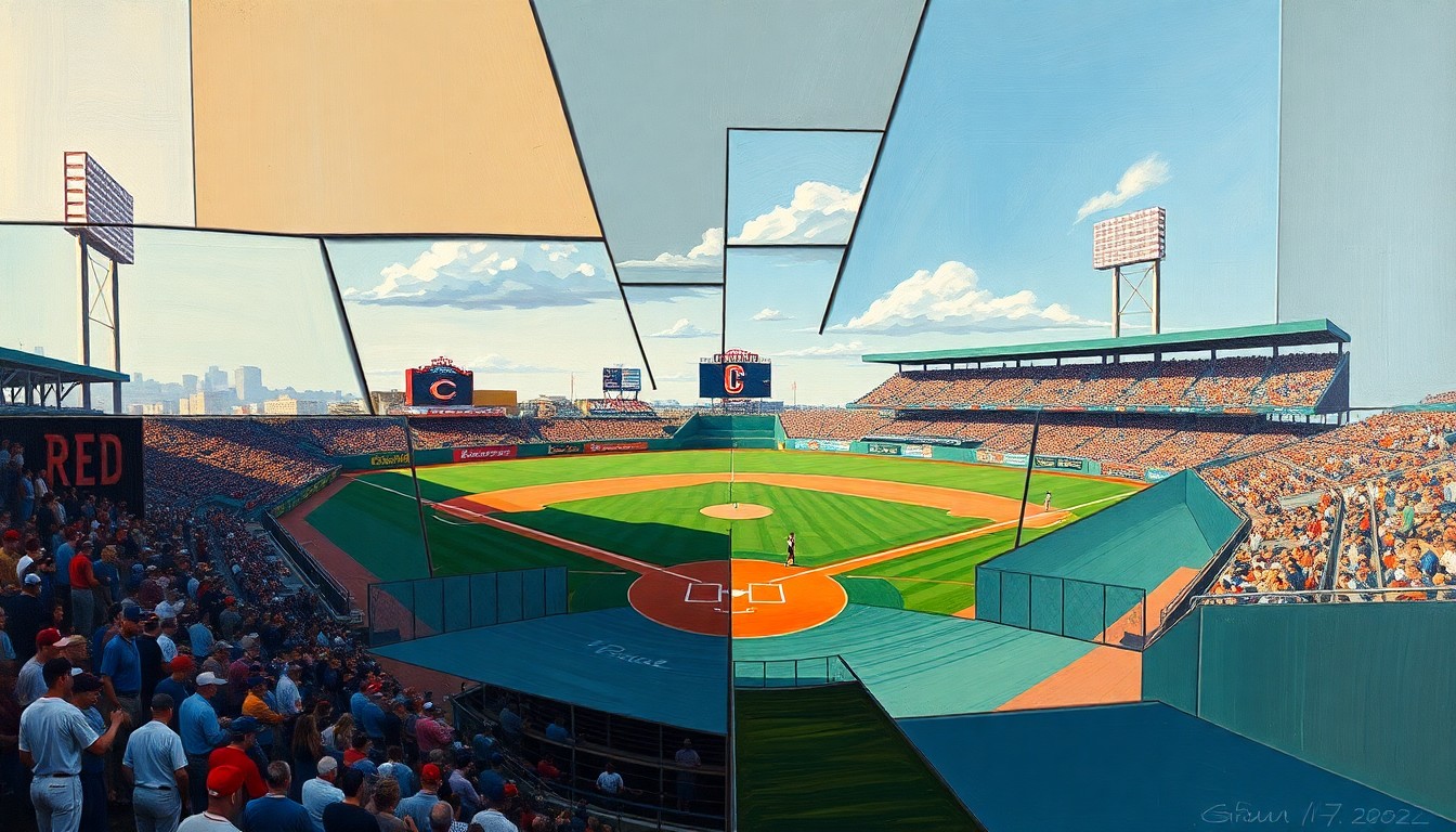 A cubist, geometric painting depicting a baseball game or practice between two teams, with players and the field broken down into sharp, overlapping planes of color and shape, conveying the intensity and rivalry of the spring training matchup.