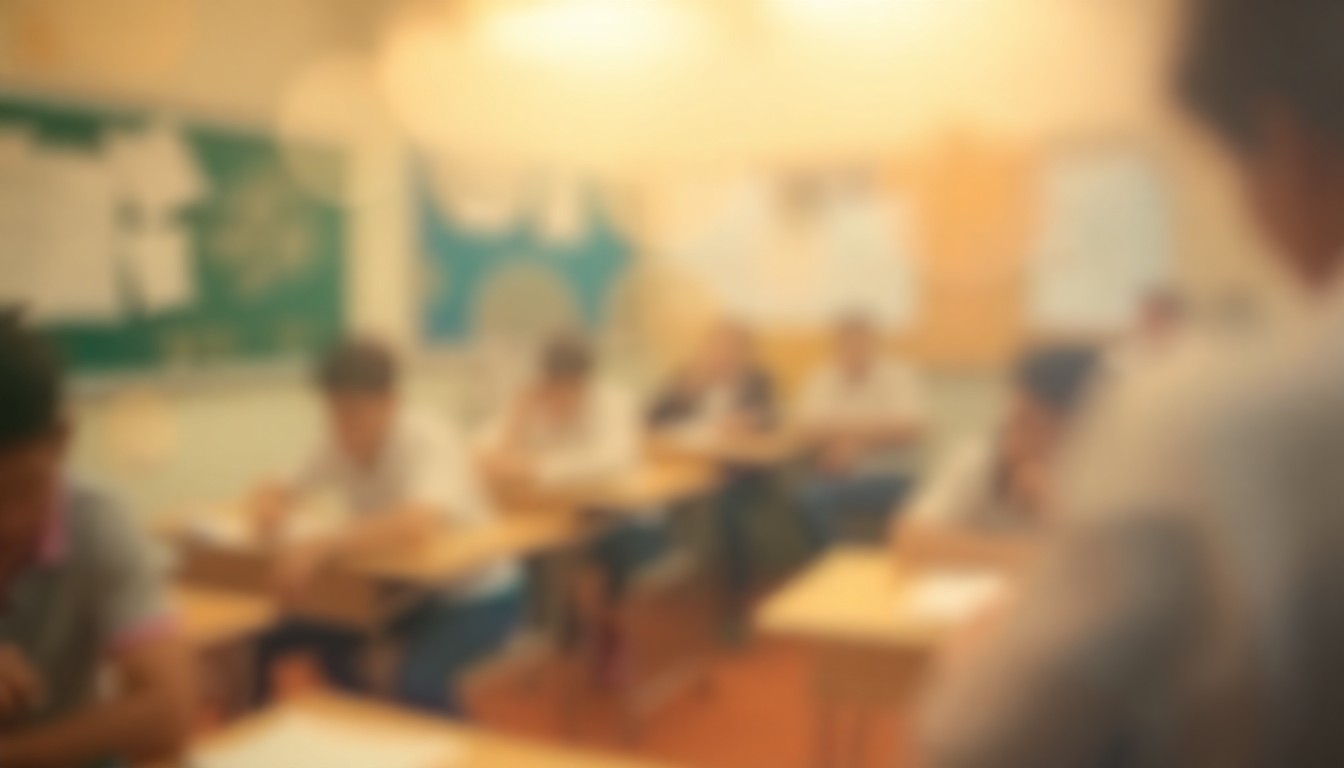 An abstract, impressionistic photograph of a blurred, hazy classroom scene, with soft, warm pools of color and light, conveying the disruption and uncertainty caused by the school's sudden closure.