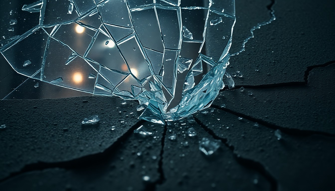 An abstract close-up image of shattered glass and cracked concrete, captured in dramatic high-contrast lighting to convey a sense of fragility and the intrusion of the supernatural into the urban environment.