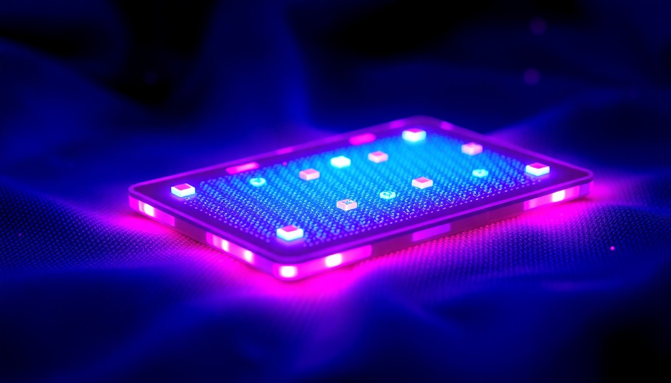 A highly detailed, glowing 3D macro illustration of a stretchable, conductive fabric patch illuminated by neon cyan and magenta lights, conceptually representing the innovative technology that enables the integration of soft electronics into textiles.