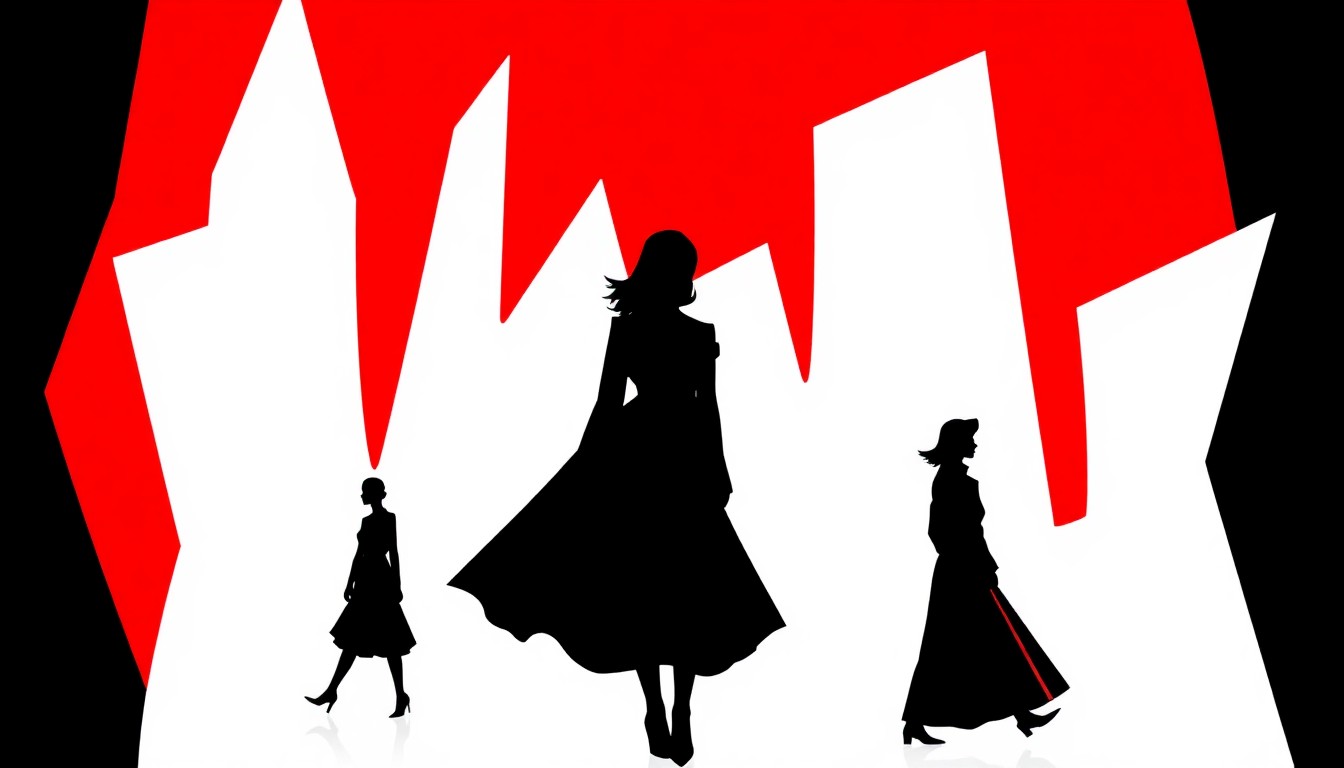 A striking, abstract illustration featuring bold, geometric shapes in high-contrast colors, representing the conceptual fusion of past and present fashion styles in the Tibi Fall 2026 collection.