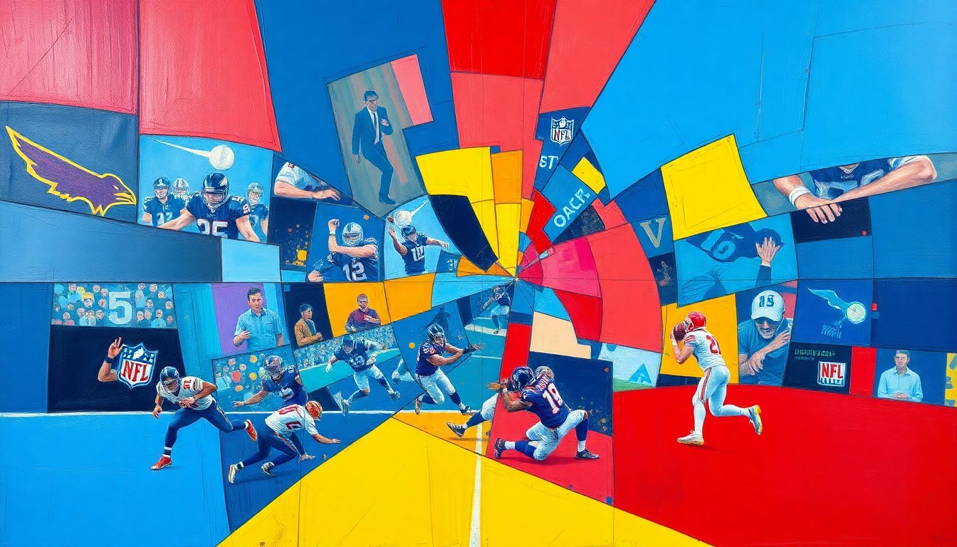 A fractured, multi-perspective painting depicting a football game or NFL action, broken down into sharp, overlapping geometric planes in vibrant colors like blue, red, and yellow, conceptually representing the Giants' strategic approach to free agency.
