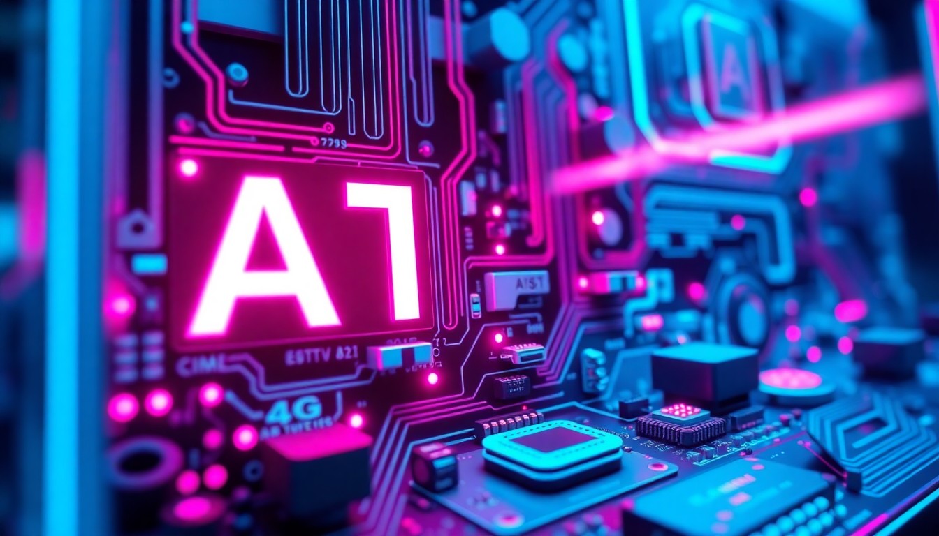 A highly detailed, glowing 3D illustration of a futuristic AI-powered advertising display, with intricate circuitry and hardware components illuminated by neon cyan and magenta lights, conceptually representing the integration of AI into the world of advertising.