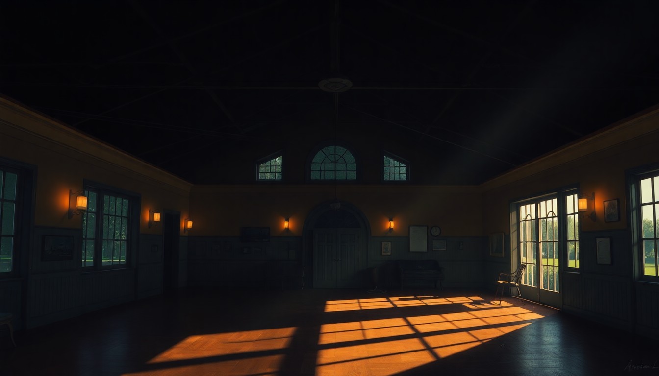 A dimly lit, cinematic painting of an empty clubhouse interior at Augusta National Golf Club, with warm sunlight streaming through the windows and deep shadows casting a contemplative mood.