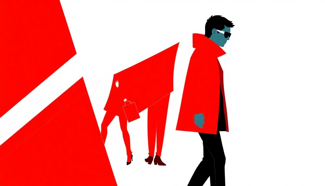 An abstract, minimalist composition featuring bold, jagged geometric shapes in red and white, conceptually representing the intersection of fashion and technology.