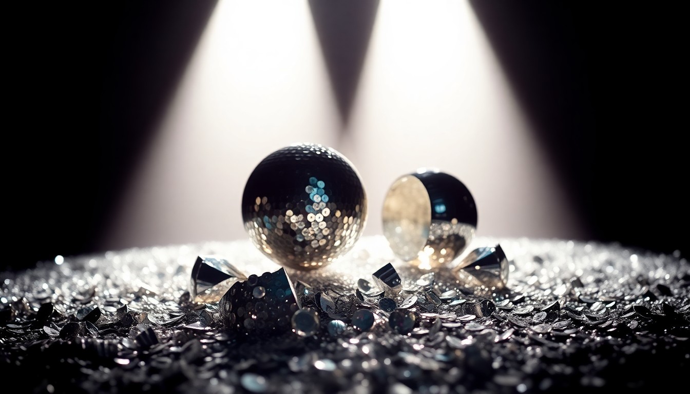An extreme close-up photograph of shimmering, reflective sequins and shattered glass, captured in dramatic studio lighting to create a glamorous, high-fashion aesthetic that conceptually represents the branding and marketing of modern pop music.