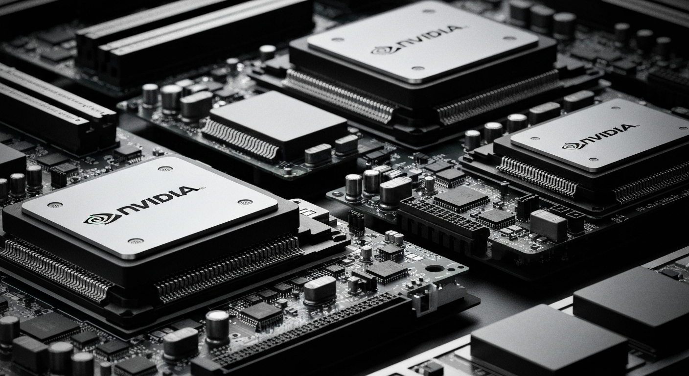 An extreme close-up of NVIDIA's intricate computer hardware components, including circuit boards and GPU chips, rendered in a high-contrast, industrial style that conveys the power and complexity of the company's technology.