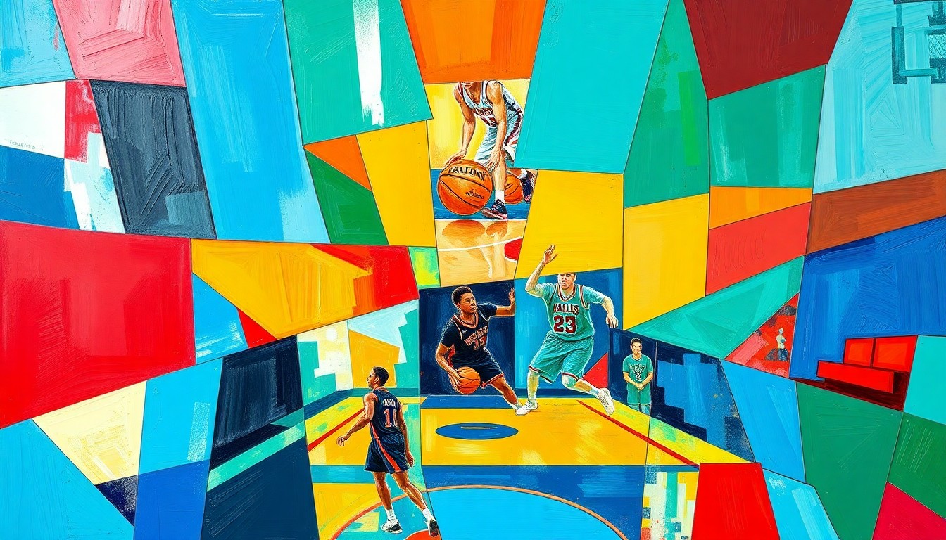 A cubist, geometric painting depicting a fragmented WNBA basketball game, with overlapping planes of color and shape representing the dynamic action on the court.