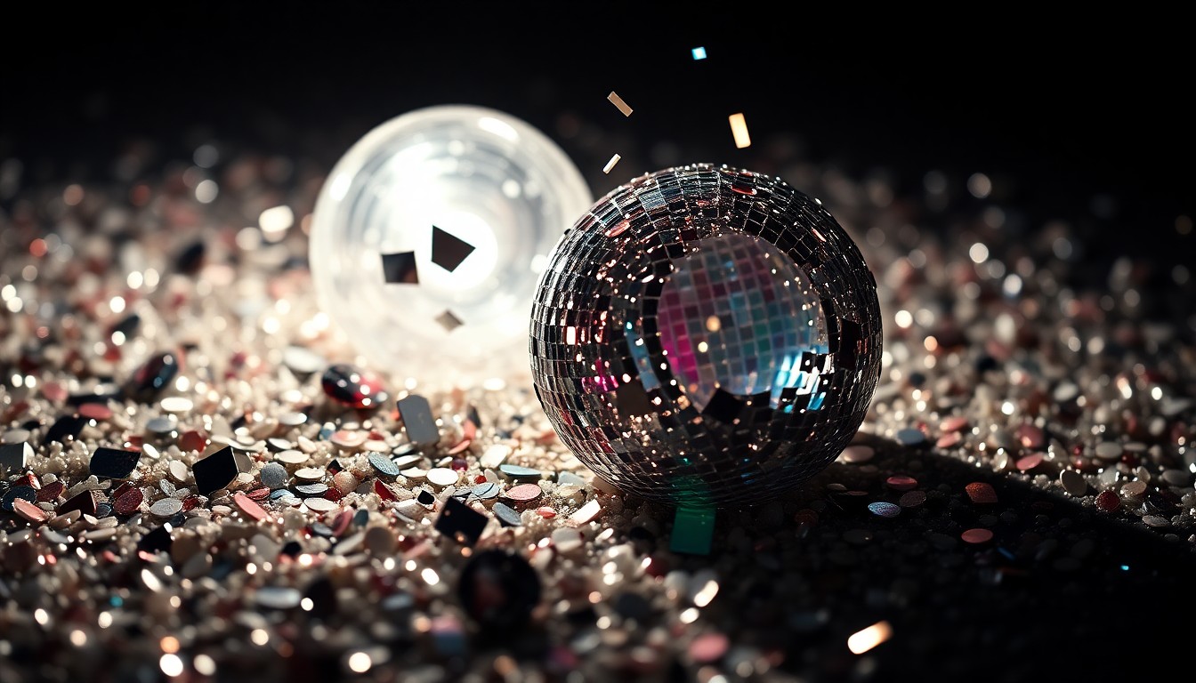 An abstract, high-contrast close-up photograph of shimmering sequins and shattered glass, capturing the glamour and excitement of a Spice Girls reunion.