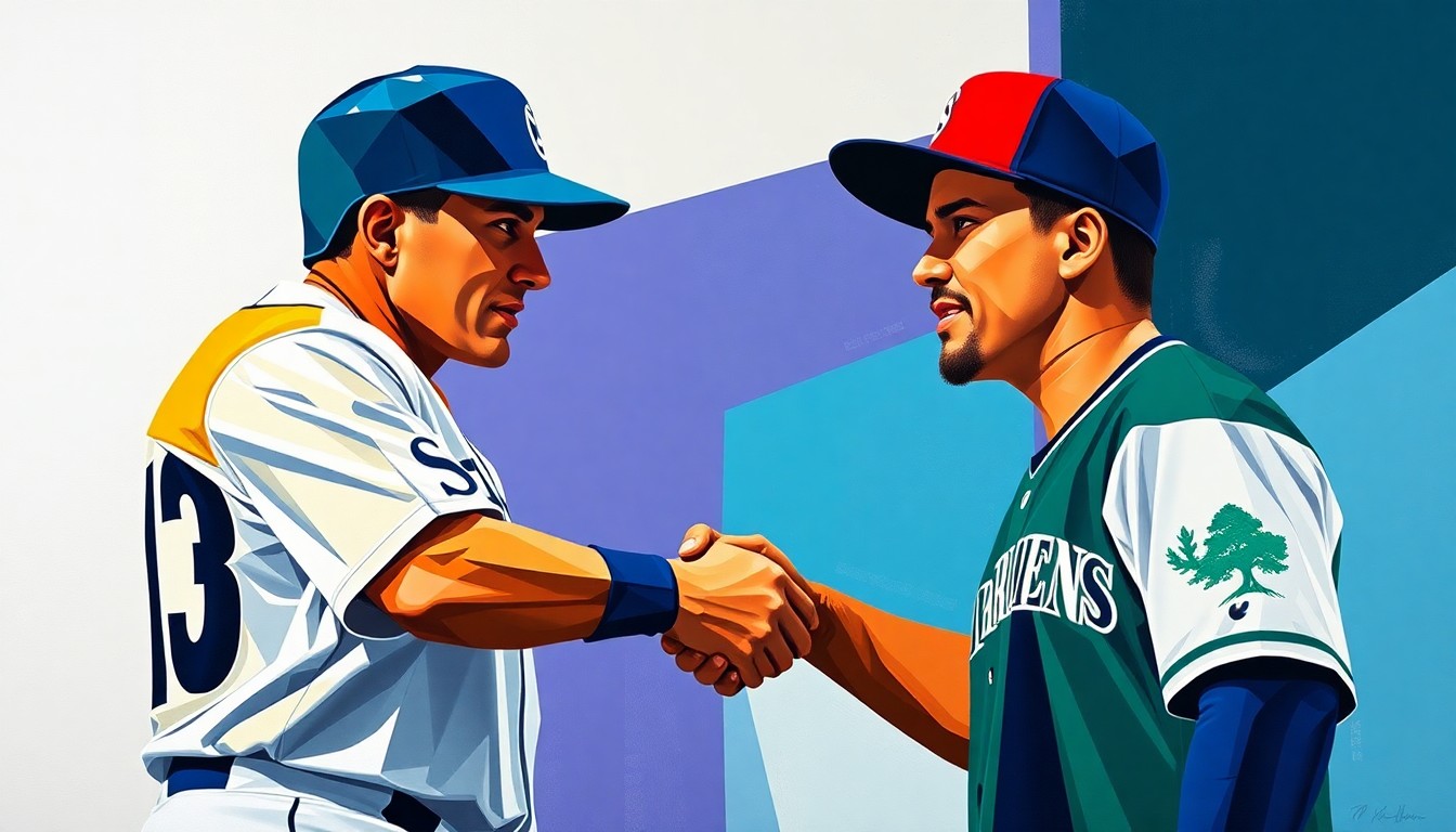 A cubist-style painting depicting a fragmented, multi-perspective scene of two baseball players, their bodies and gestures broken down into sharp, overlapping geometric shapes in the team colors of the Seattle Mariners and Mexican national team, conveying the tension and emotion of the handshake incident.