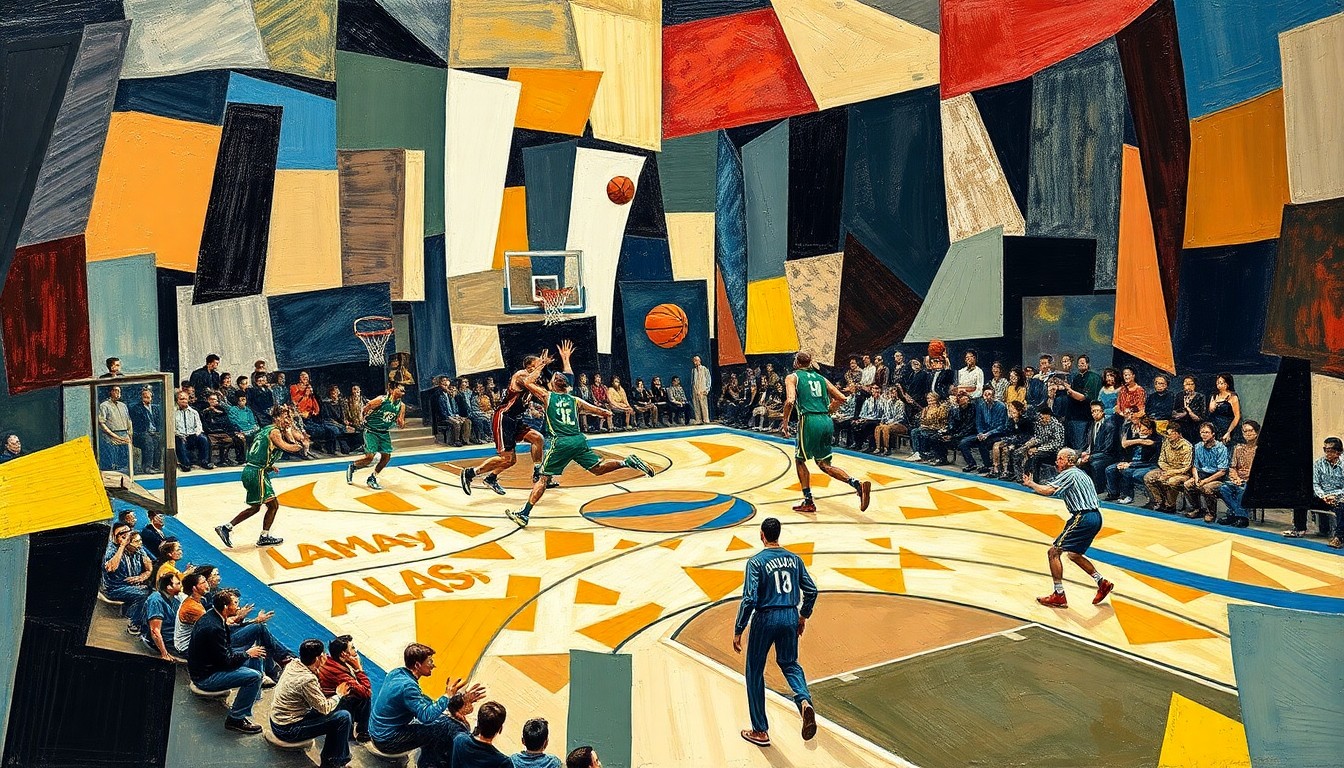 A cubist, fragmented painting depicting a basketball game, with players' figures and the court's lines broken down into sharp, overlapping geometric shapes and planes, capturing the dynamic movement and intensity of the sport.