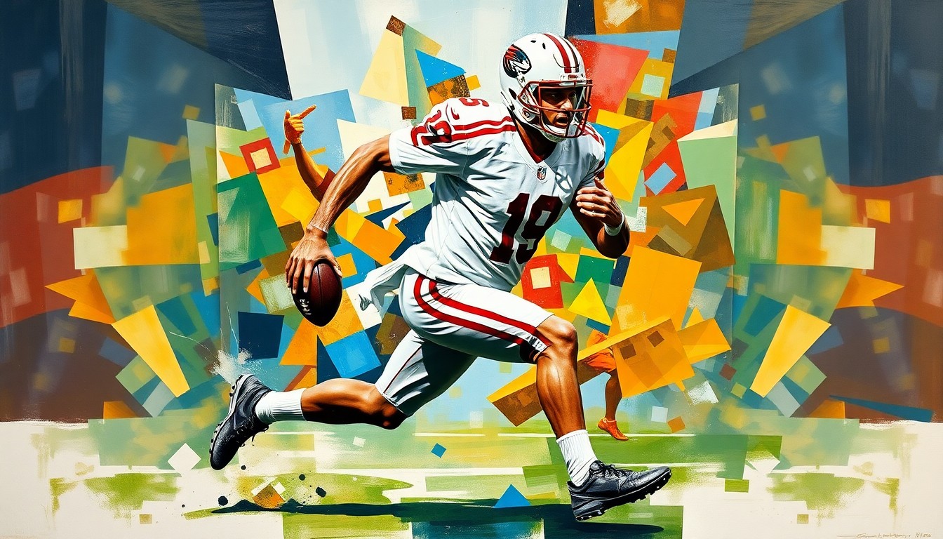 A fractured, multi-perspective painting depicting the raw athleticism and energy of a football player's movements, with sharp, overlapping geometric planes in a vibrant color palette.