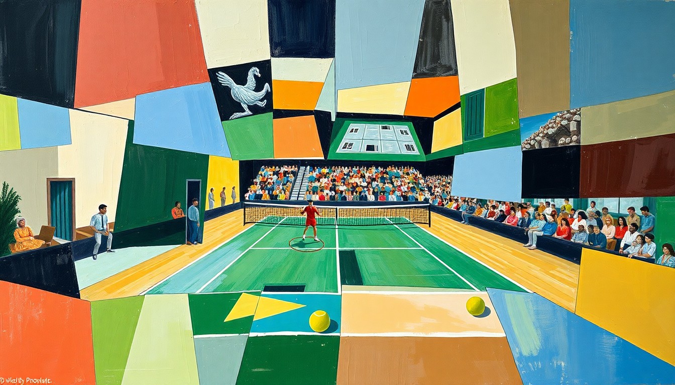 A cubist, geometric painting depicting a tennis match between two players, with their forms fractured and overlapping, capturing the dynamic energy and intensity of their rivalry.