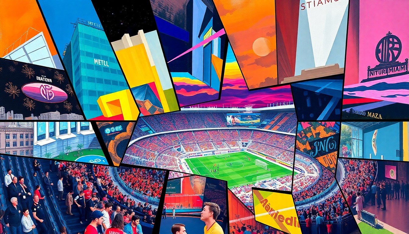 A cubist, geometric painting depicting the Inter Miami stadium and surrounding development, with sharp, overlapping planes of color capturing the energy and excitement of the inaugural match.