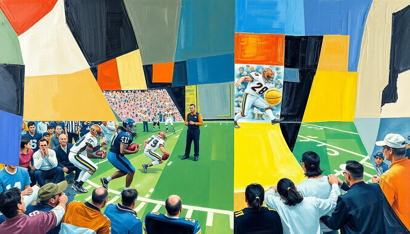 A cubist, geometric painting depicting a football game or coaching scene, with sharp, overlapping planes of color and shape representing the dynamic energy and strategic thinking of the Browns' new head coach.