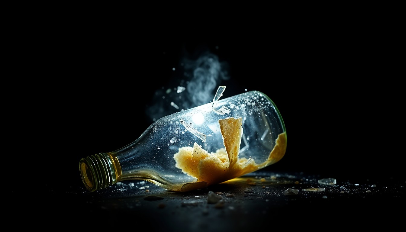 An extreme close-up photograph of a shattered glass bottle, the remnants of a Molotov cocktail, lit by a harsh, direct camera flash against a pitch-black background, conceptually illustrating the violence and destruction of the attack on the tech CEO's home.