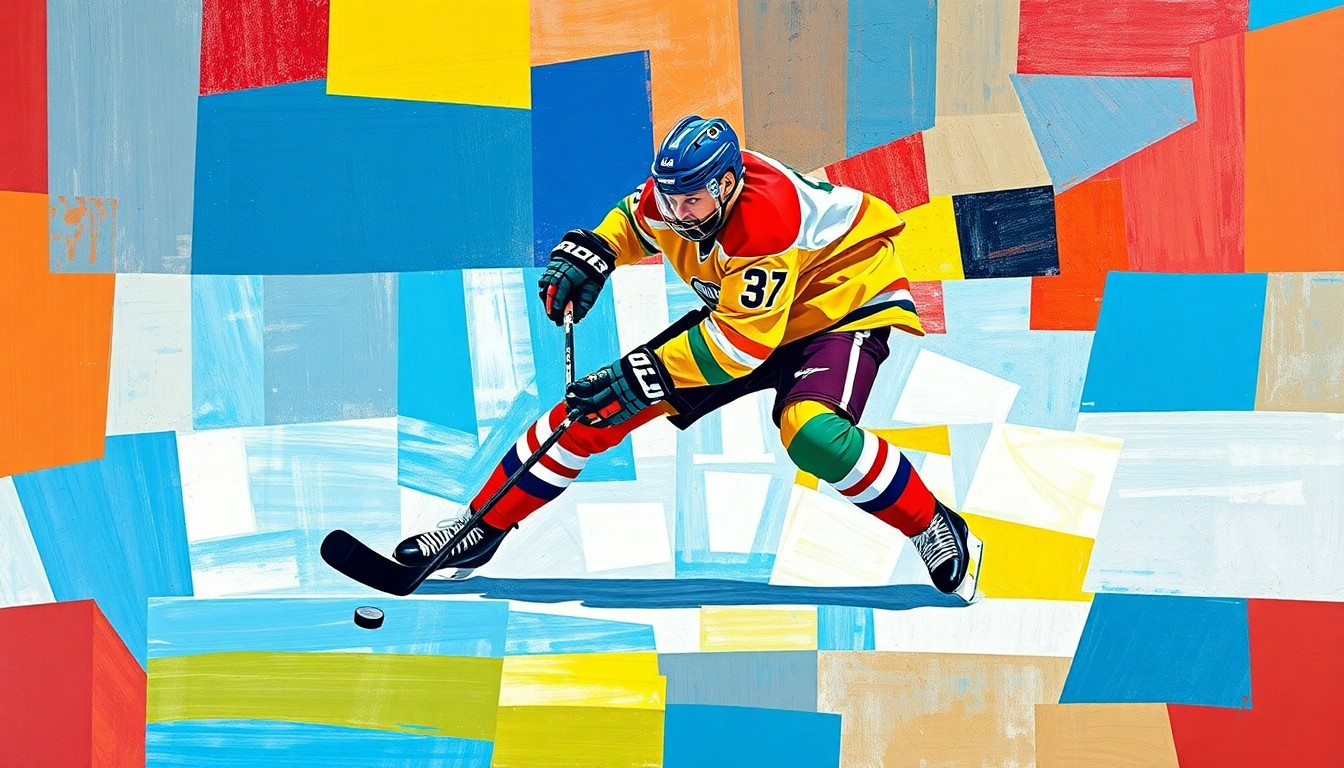 A fractured, geometric painting depicting a hockey player in the act of blocking a shot, with the puck, player, and ice surface broken down into sharp, overlapping planes of color.
