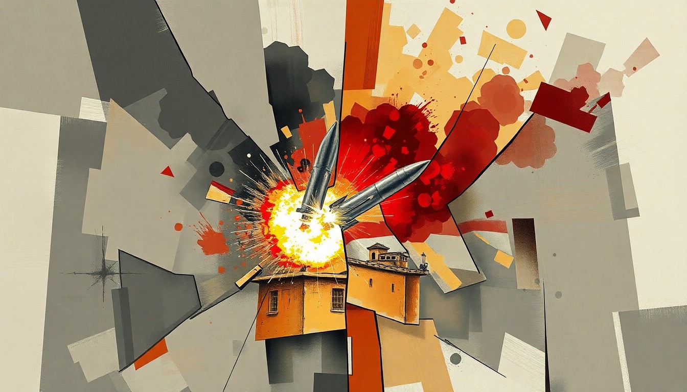 A chaotic, abstract painting depicting the aftermath of an air strike on a Gaza building, with shards of debris and smoke swirling in a fractured, geometric composition.