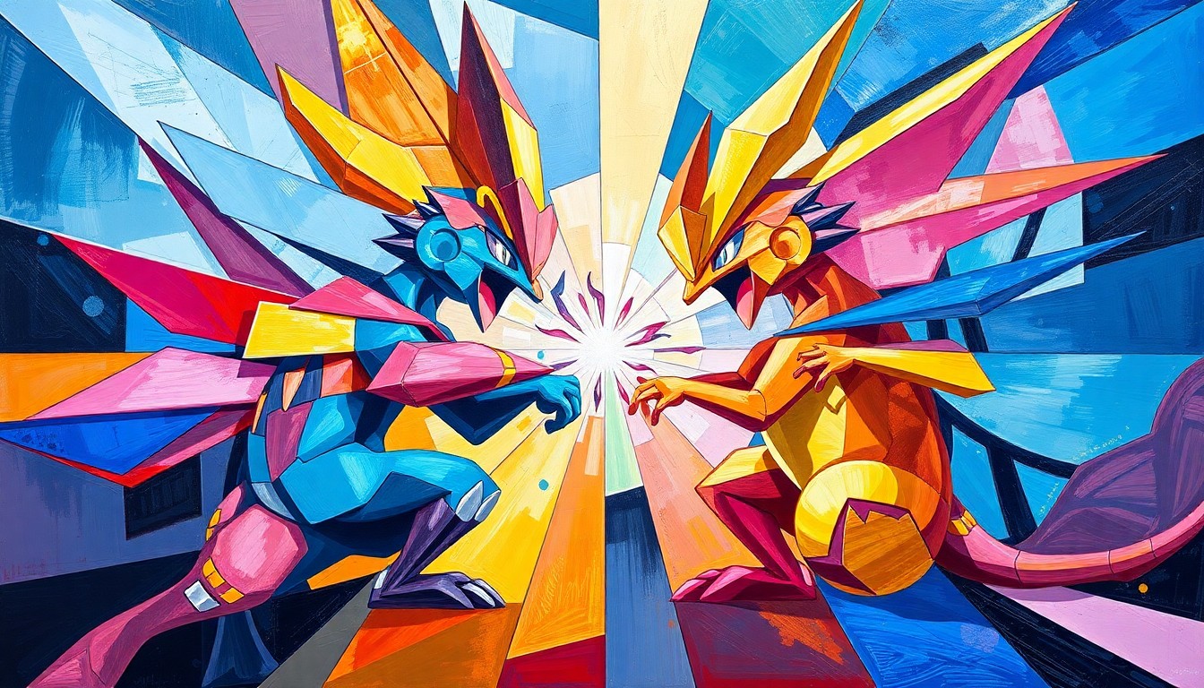 A cubist, geometric painting depicting a Tinkaton Pokémon battle, with sharp, overlapping planes of steel blue, fairy pink, and metallic gold colors capturing the raw energy and power of the Gigaton Hammer move.