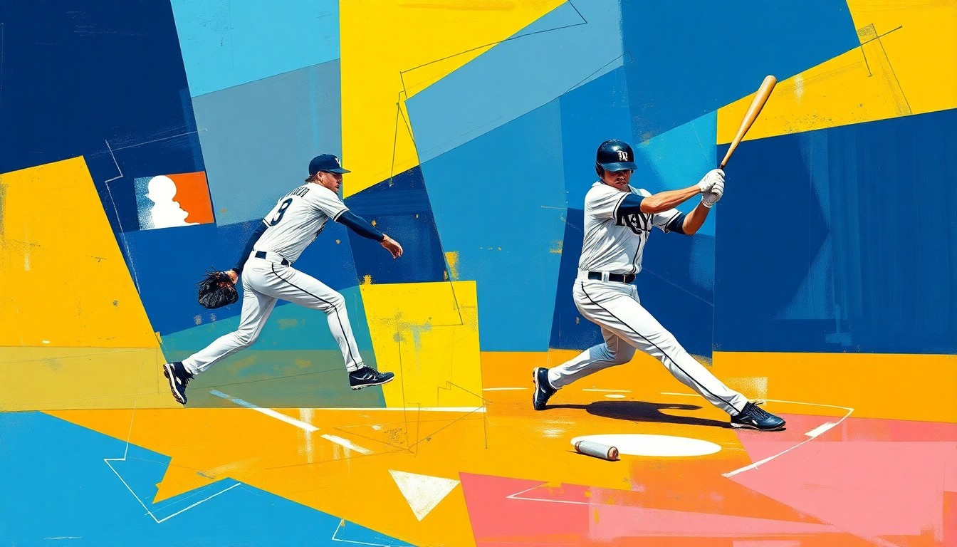 A fractured, multi-perspective painting depicting a baseball shortstop's fielding and batting actions, broken down into sharp, overlapping geometric planes in vibrant navy blue, powder blue, and gold colors, conceptually representing the Rays' strategic move to promote their top prospect Carson Williams to the starting lineup.