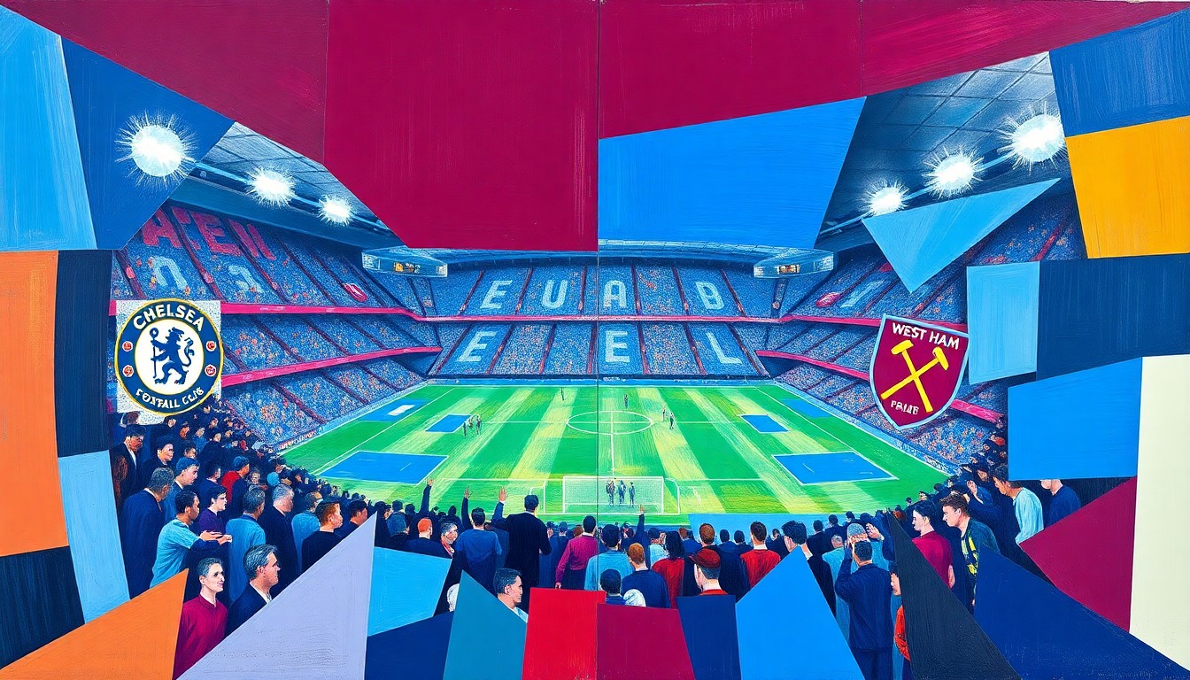 A cubist, geometric painting depicting a fractured, multi-perspective scene of a football match, with overlapping planes of blue and claret colors representing Chelsea and West Ham players in action.