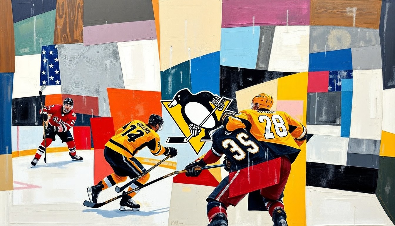 A cubist, geometric painting depicting a hockey game or match, with sharp, overlapping planes of color representing the Penguins' team colors and the dynamic action on the ice.