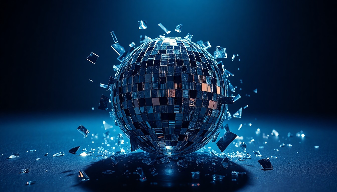 An extreme close-up of shattered, glittering disco ball glass reflecting dramatic studio lighting, conceptually representing the complexities of managing a celebrity's posthumous legacy.