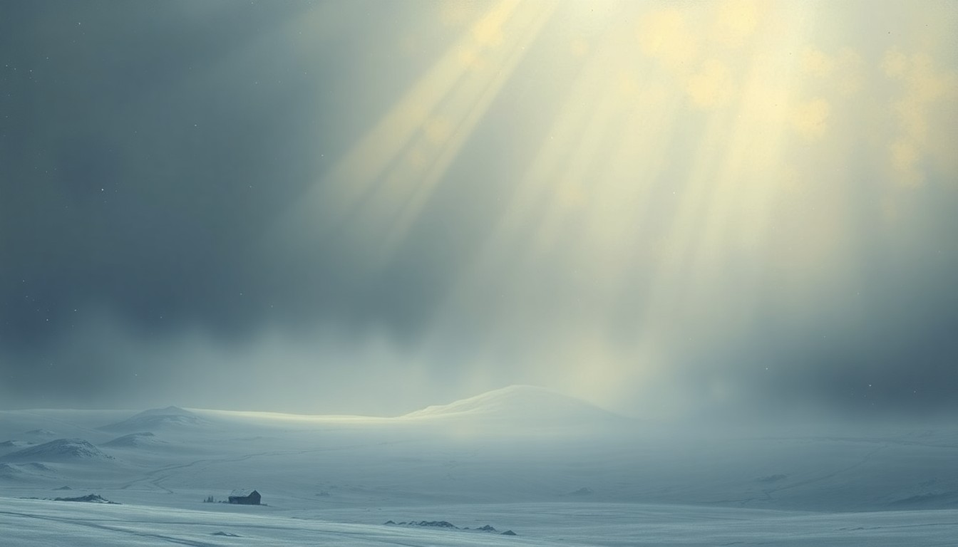 A sweeping, atmospheric landscape painting in muted tones of grey, white, and blue, depicting a vast, snowy expanse with a distant horizon obscured by heavy snowfall. The scene conveys a sense of the sublime power of nature, dwarfing any physical structures or objects that may be present.