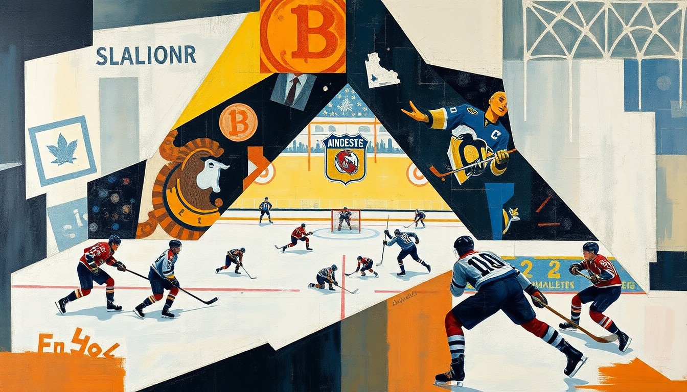 A cubist-style painting depicting a fragmented hockey scene, with players and the rink broken down into angular, overlapping geometric shapes in shades of blue, red, and yellow.