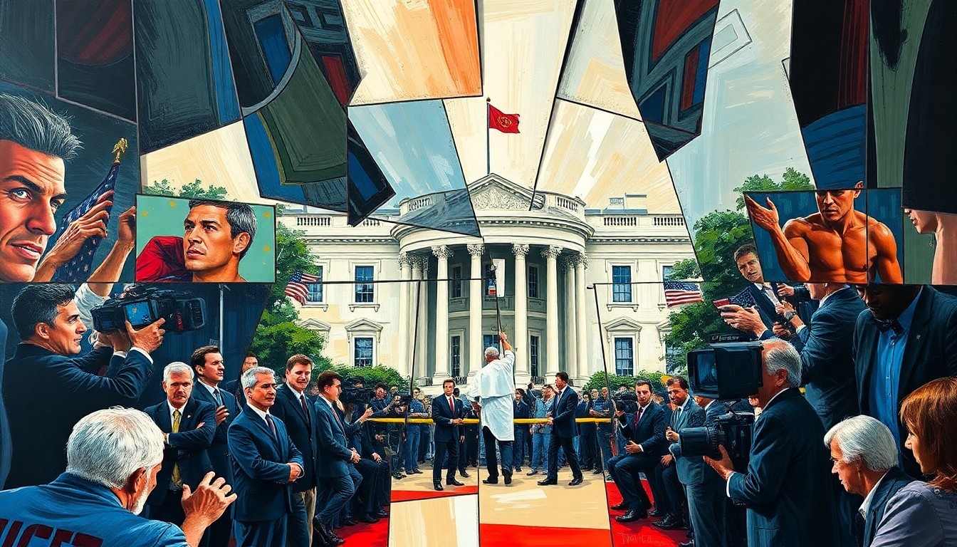 A fragmented, geometric painting depicting a UFC fight scene, with the White House in the background, conveying the tension between the historic venue and the personal stakes for the fighters.