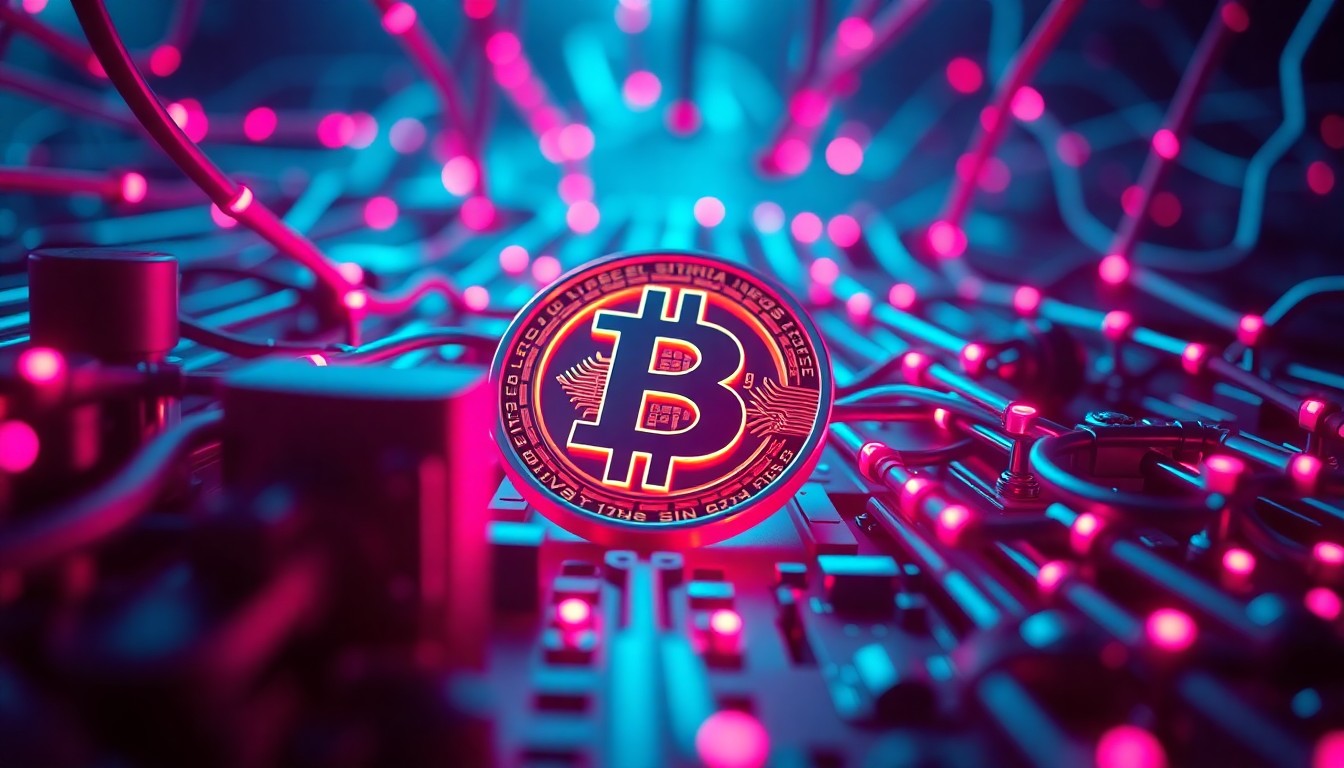 A highly detailed, glowing 3D illustration of a complex Bitcoin transaction infrastructure, with intricate cybernetic components and circuits illuminated by vibrant neon lights, conveying the idea of quantum-safe cryptography protecting the digital currency network.