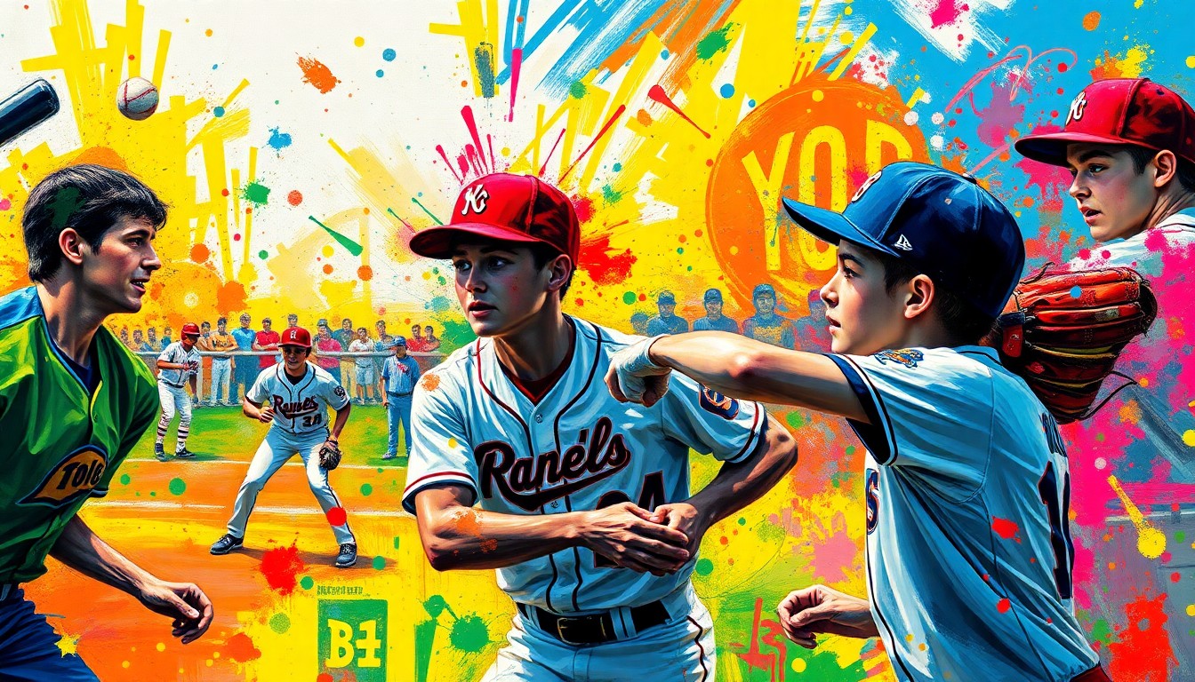 An abstract, expressionist painting in neon colors capturing the energy and movement of a high school baseball game, with faces and details dissolving into unrecognizable brushstrokes.