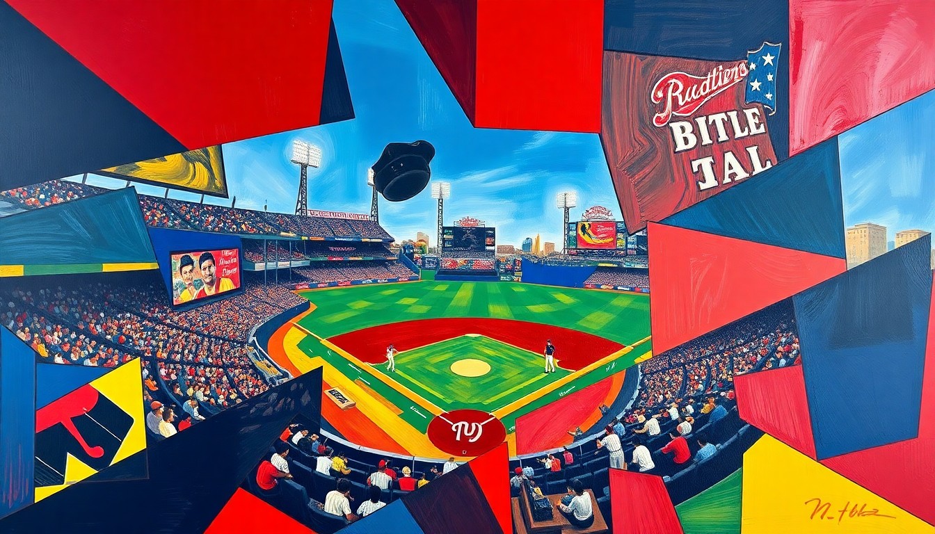 A cubist, geometric painting depicting a fragmented baseball game, with sharp planes of navy, red, and yellow overlapping to create a dynamic, multi-perspective scene.