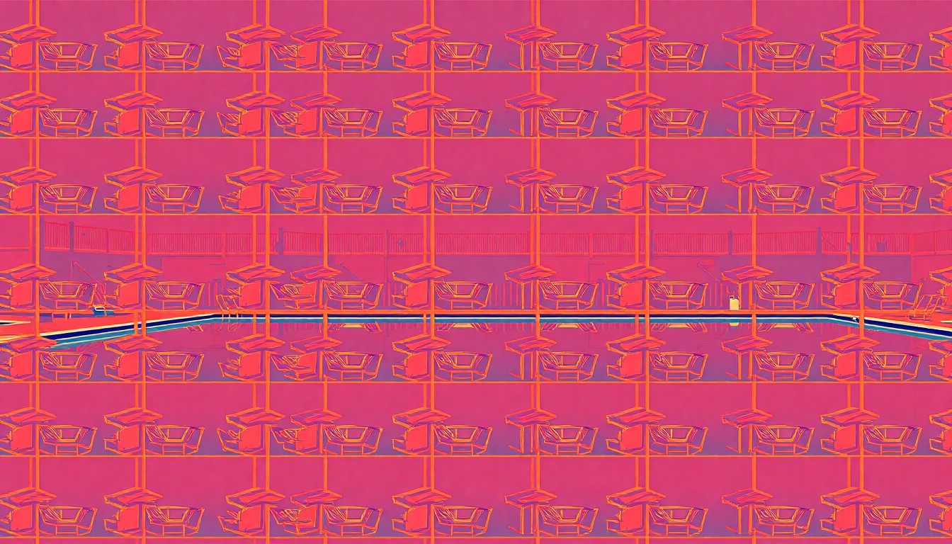 A brightly colored, high-contrast silkscreen print of a single, iconic swimming pool shape repeated in a tight grid pattern, rendered in vibrant neon hues and heavy black outlines to transform the everyday luxury amenity into a modern pop art statement.