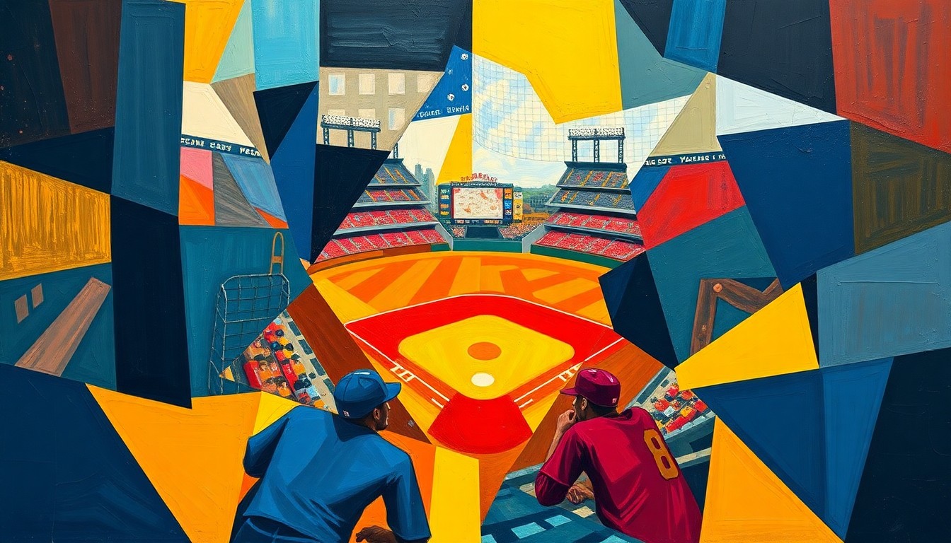 A cubist, geometric painting depicting a baseball game broken down into overlapping, angular shapes and planes in a vibrant color palette, conceptually representing the intersection of technology and the human element in the sport.