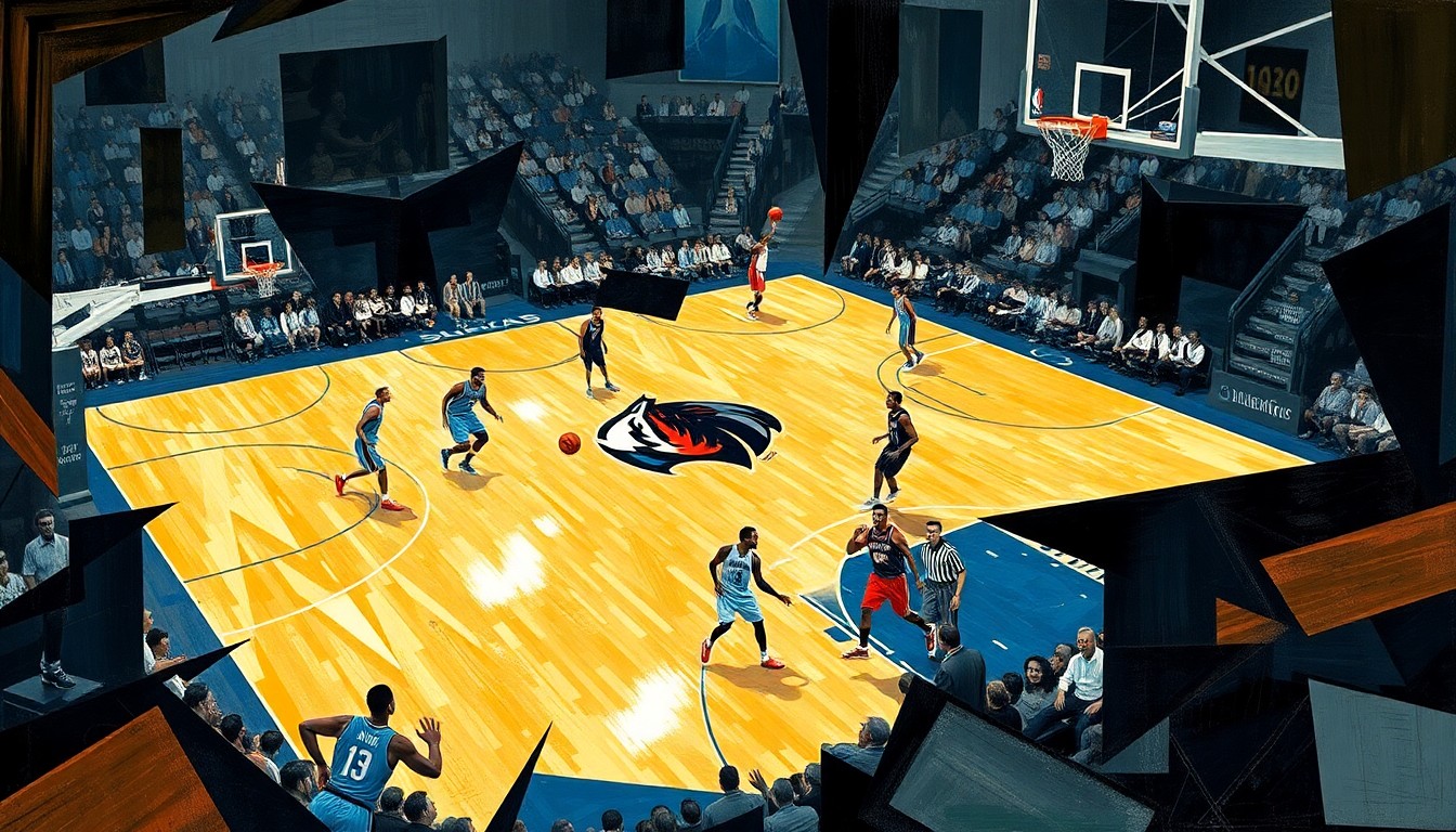 A fractured, multi-perspective painting in the style of Pablo Picasso, breaking down a basketball game into sharp, overlapping geometric planes that convey the raw athleticism and competitive spirit of the players on the court.