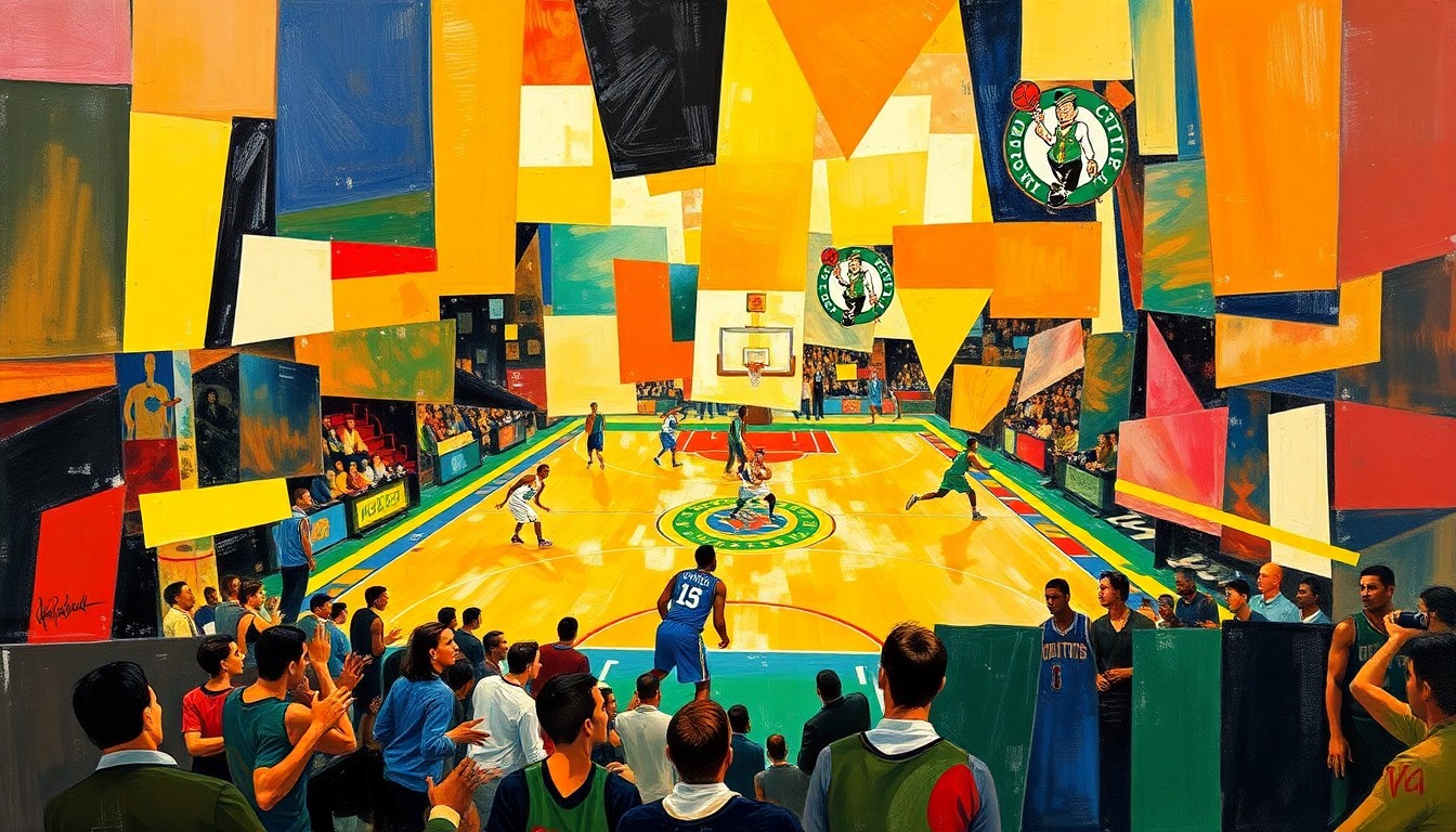 A fractured, cubist-style painting depicting the intense action and energy of a basketball game between the Detroit Pistons and Boston Celtics, with players and the court broken down into sharp, overlapping geometric shapes and planes.