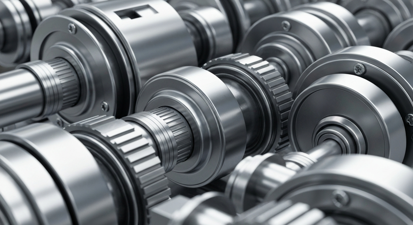 An extreme close-up of highly textured, industrial banking machinery and components in shades of silver, steel, and chrome, conveying the secure, institutional foundations of global finance as a conceptual metaphor.