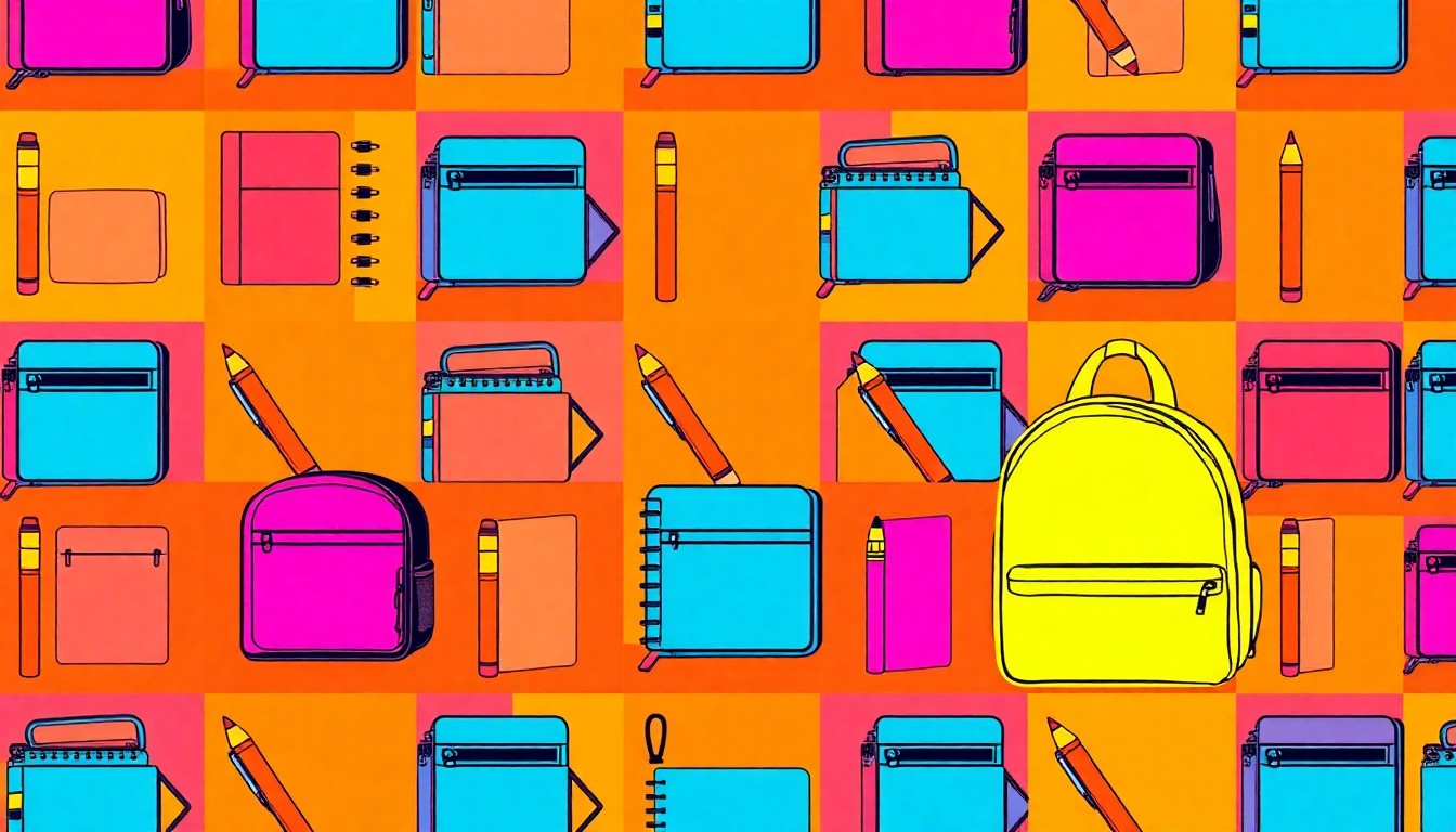 A vibrant, high-contrast silkscreen print of a single school supply item, such as a pencil or notebook, repeated in a tight grid pattern in bold, neon colors, conceptually representing the budget crisis facing Portland's public schools.