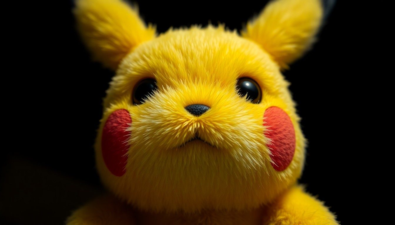 An extreme close-up of the Pikachu Puppetronic's plush, textured fur, captured in dramatic, high-contrast studio lighting that highlights the puppet's uncanny blend of charm and realism.