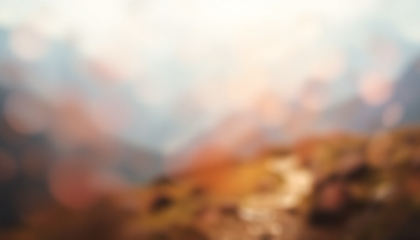 An abstract, impressionistic scene of soft, blurred colors and light, evoking the atmosphere of a scenic mountain hiking trail.