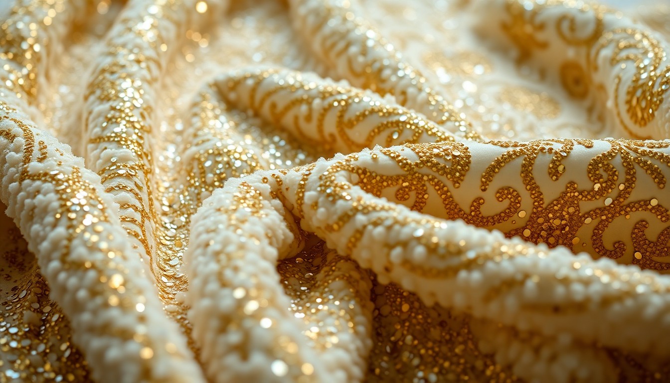 An abstract, high-contrast close-up image of a plush, shimmering baby blanket in metallic tones, evoking the luxurious, high-fashion aesthetic of a celebrity family's joyful new chapter.